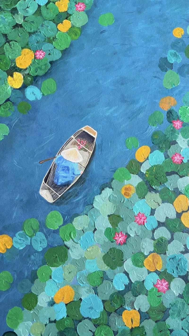 Lotus and Boat — acrylic on canvas by Deepak Tidke, 2025