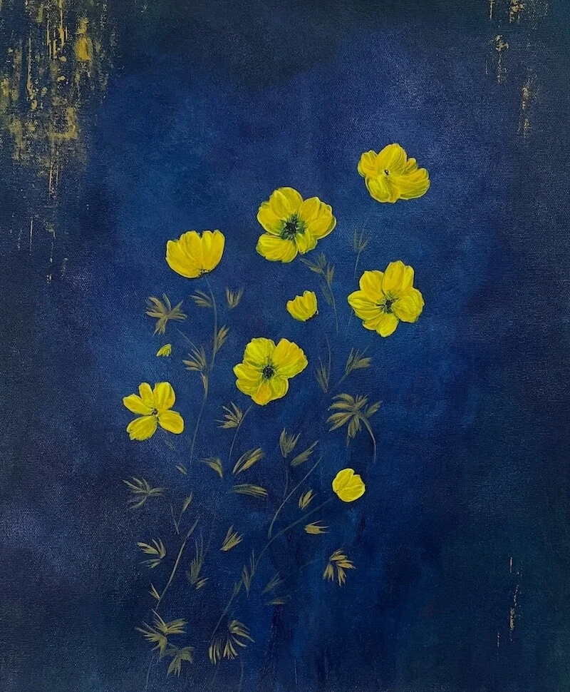 Yellow Flowers on Blue background - Abstract Painting — acrylic on canvas by Deepak Tidke, 2025