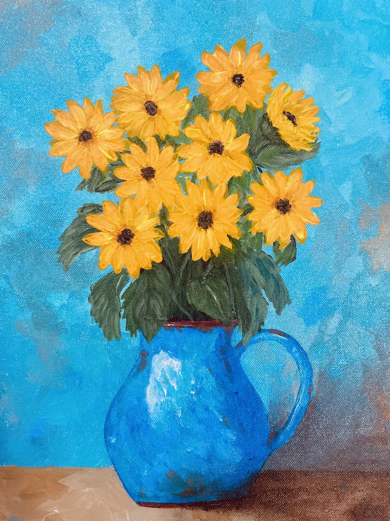 Sunflowers in a Blue Pot — acrylic on canvas by Deepak Tidke, 2025