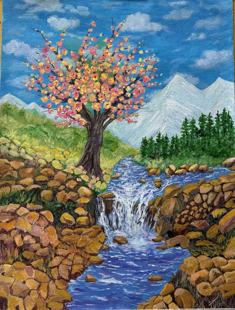 Colourful Blossoms and Waterfall - Abstract Painting — acrylic on canvas by Deepak Tidke, 2026